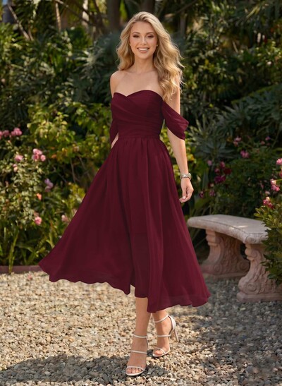 A-Line Off-The-Shoulder Sleeveless Chiffon Tea-Length Prom Dress