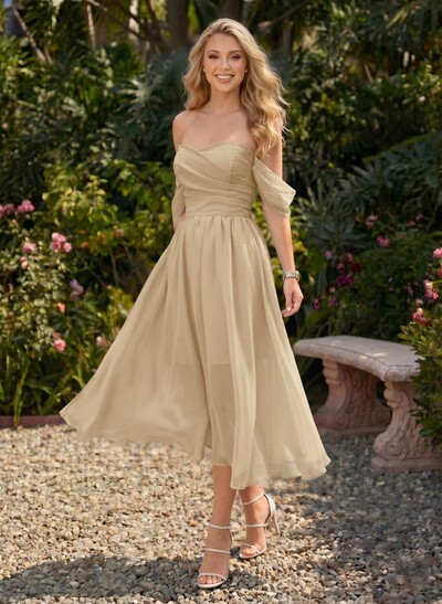A-Line Off-The-Shoulder Sleeveless Chiffon Tea-Length Prom Dress