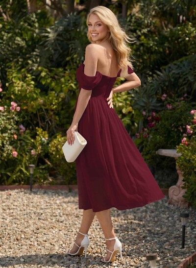 A-Line Off-The-Shoulder Sleeveless Chiffon Tea-Length Prom Dress