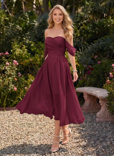 A-Line Off-The-Shoulder Sleeveless Chiffon Tea-Length Prom Dress