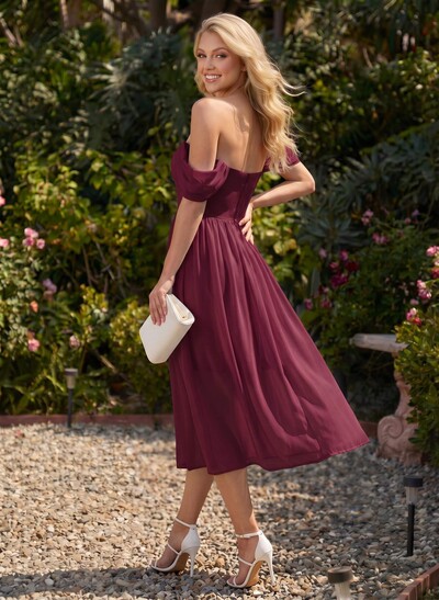 A-Line Off-The-Shoulder Sleeveless Chiffon Tea-Length Prom Dress