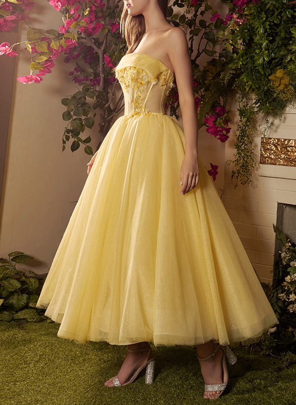 A-Line Sleeveless Strapless Tulle Ankle-Length Prom Dress With Appliques Lace Pleated