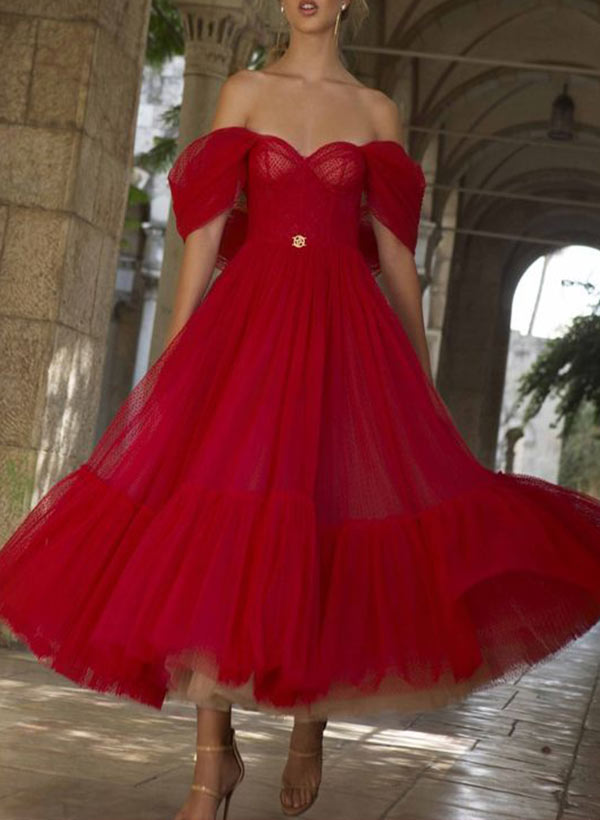 A-Line Off-the-Shoulder Short sleeves Tulle Ankle-Length Prom Dress
