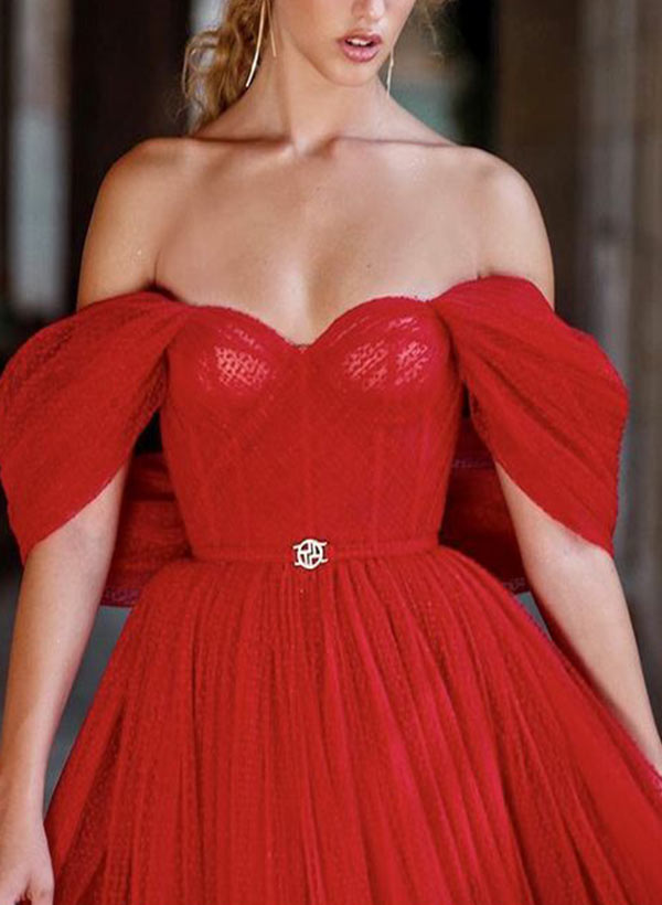 A-Line Off-the-Shoulder Short sleeves Tulle Ankle-Length Prom Dress