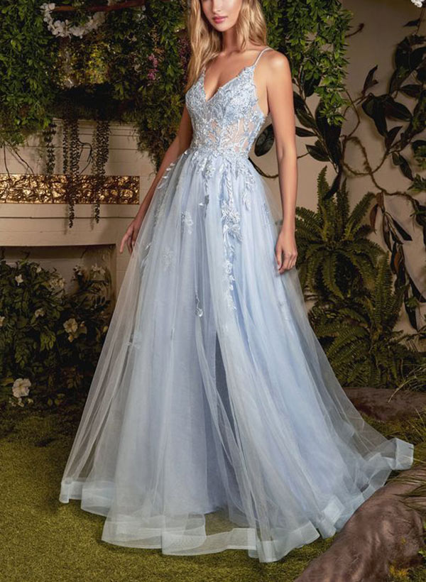 A-Line V-Neck Sleeveless Tulle Floor-Length Prom Dress With Appliques Lace Pleated