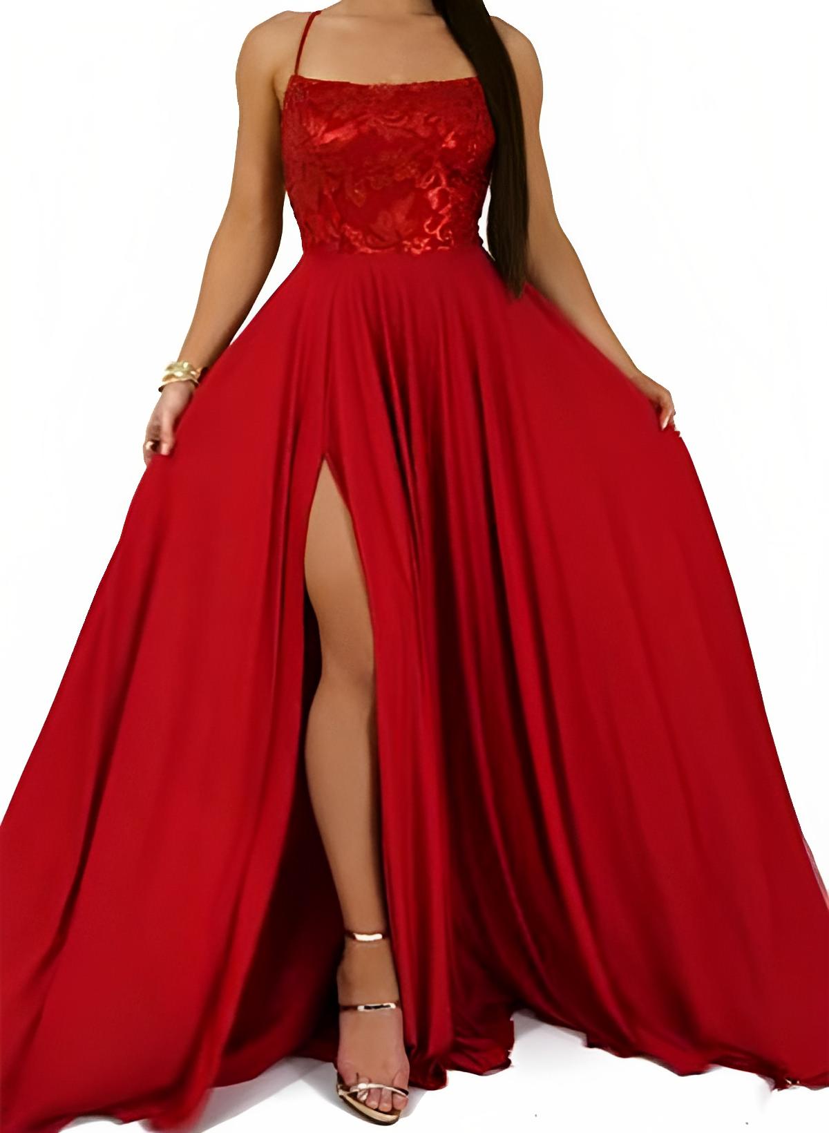 A-Line Square Neckline Sleeveless Chiffon Sweep Train Prom Dress With Lace