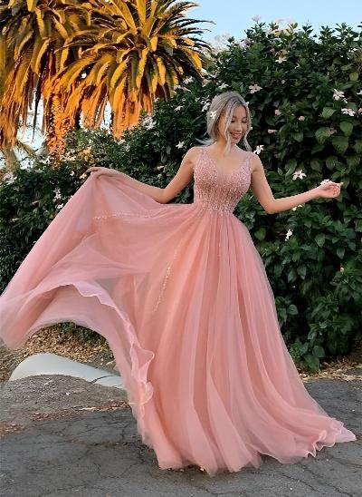 A-Line V-Neck Sleeveless Tulle Floor-Length Prom Dress