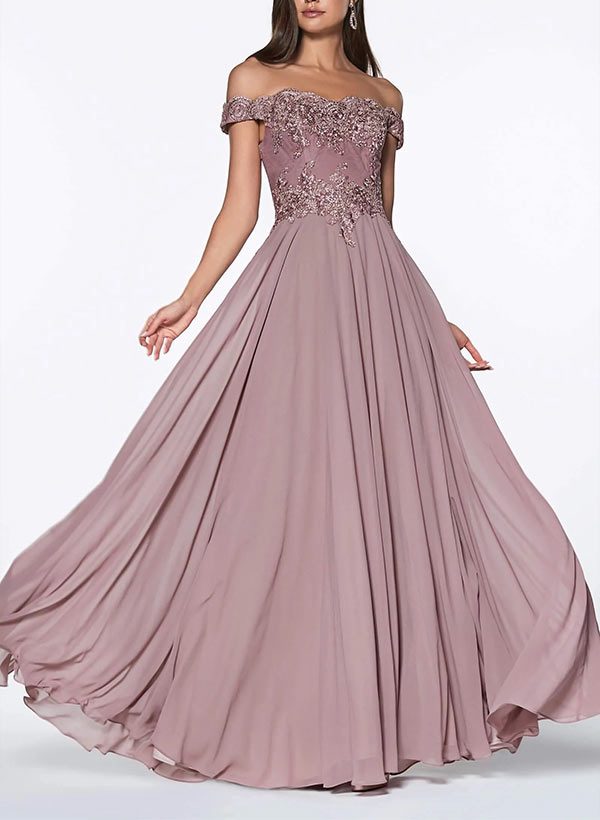 A-Line Off-the-Shoulder Short sleeves Chiffon Floor-Length Prom Dress With Lace