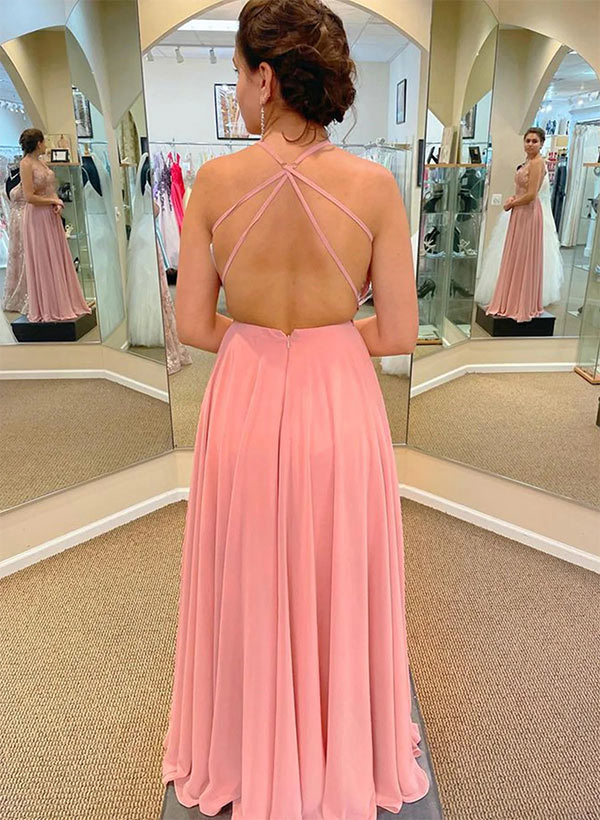 A-Line V-Neck Sleeveless Chiffon Floor-Length Prom Dress With Lace