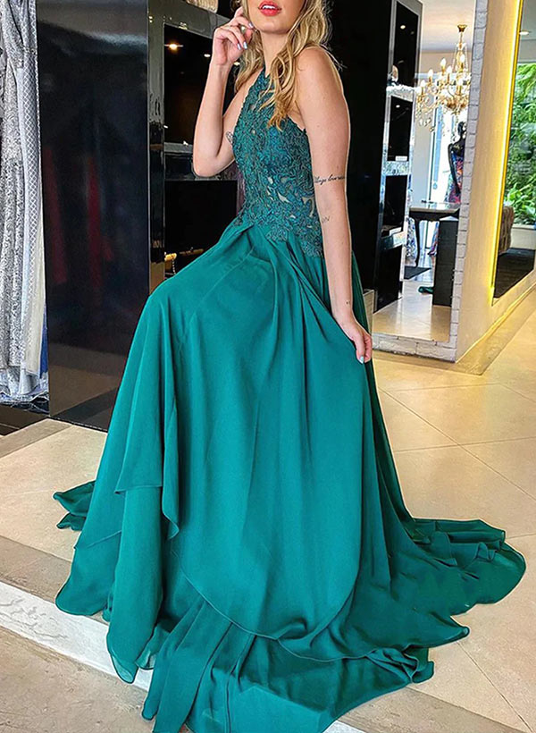 A-Line High Neck Sleeveless Chiffon Floor-Length Prom Dress With Lace