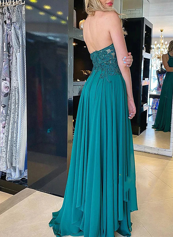A-Line High Neck Sleeveless Chiffon Floor-Length Prom Dress With Lace