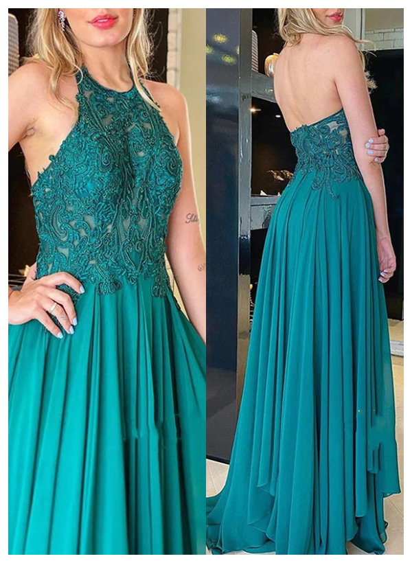 A-Line High Neck Sleeveless Chiffon Floor-Length Prom Dress With Lace