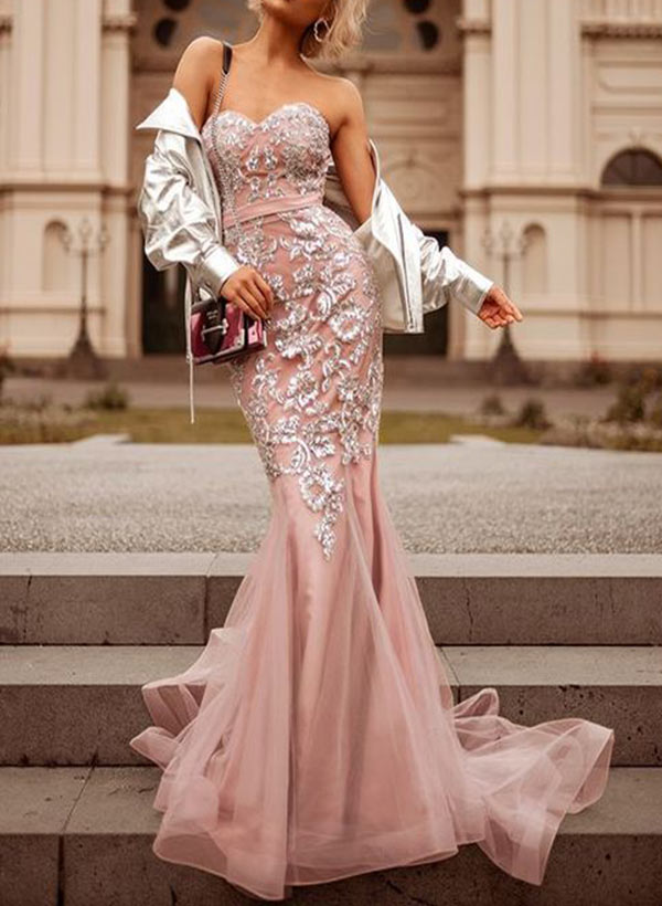 Trumpet/Mermaid Sweetheart Sweep Train Tulle Prom Dress With Lace