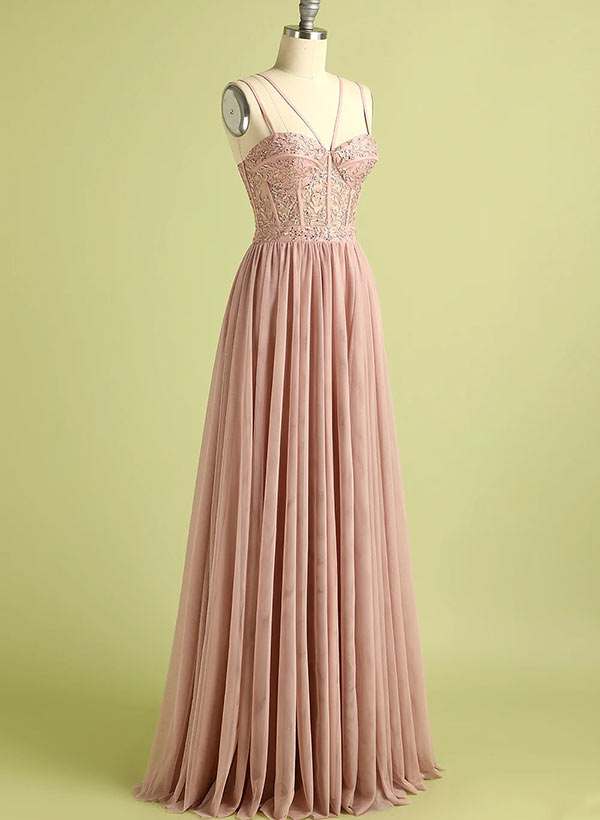 A-Line Sweetheart Sleeveless Chiffon Lace Prom Dress With Lace Pleated