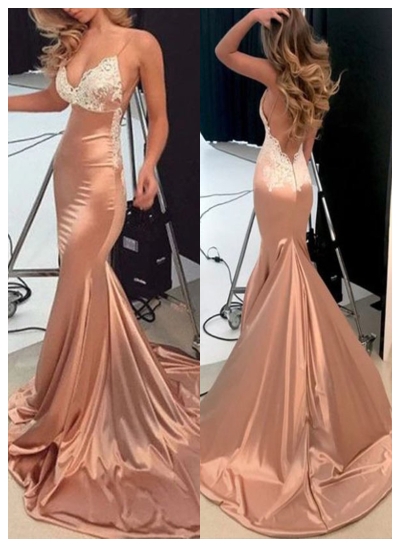 Trumpet/Mermaid V-Neck Sweep Train Satin Prom Dress With Lace