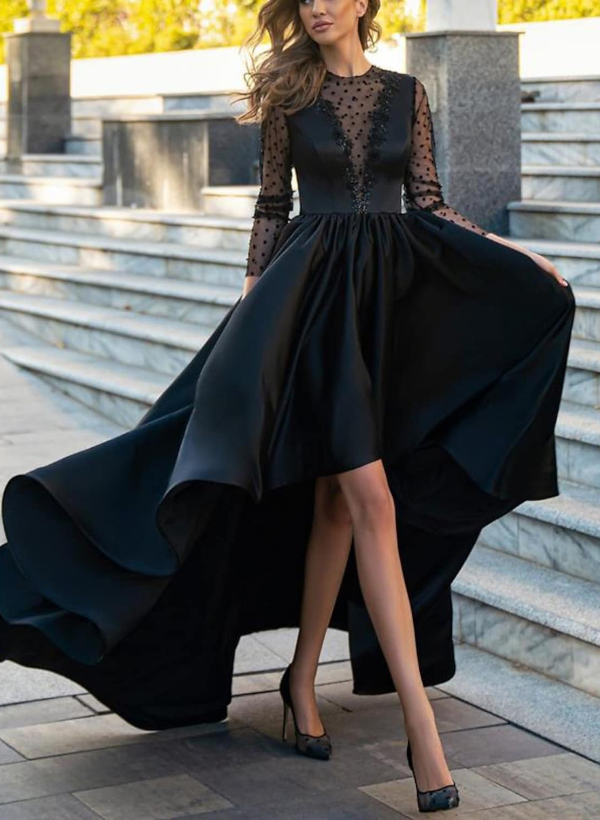 A-Line Illusion Neck Long Sleeves Satin Asymmetrical Prom Dress/Evening Dress With Beading