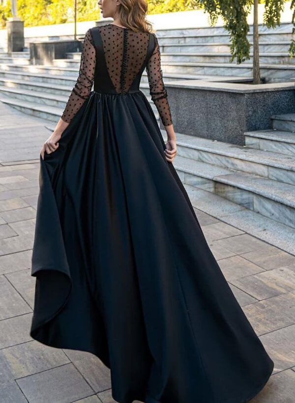 A-Line Illusion Neck Long Sleeves Satin Asymmetrical Prom Dress/Evening Dress With Beading