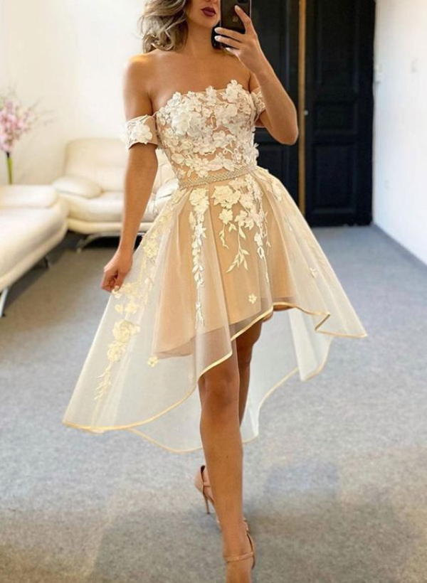 A-Line Off-the-Shoulder Sleeveless Lace Asymmetrical Prom Dress With Beading