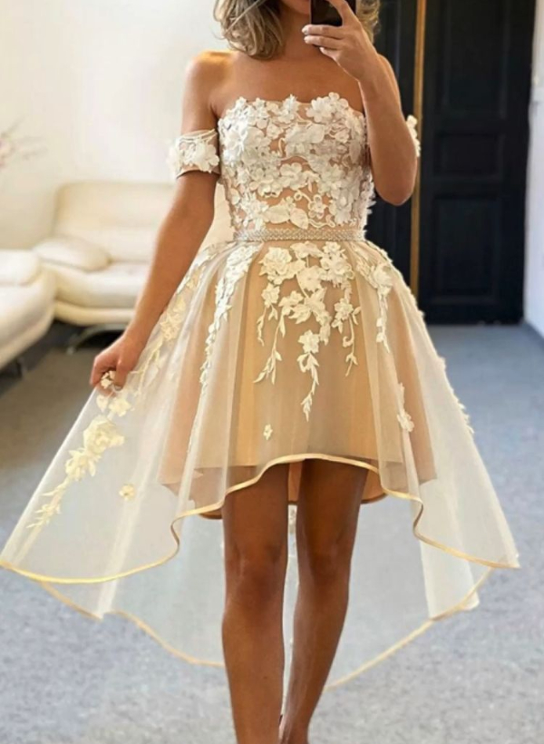 A-Line Off-the-Shoulder Sleeveless Lace Asymmetrical Prom Dress With Beading