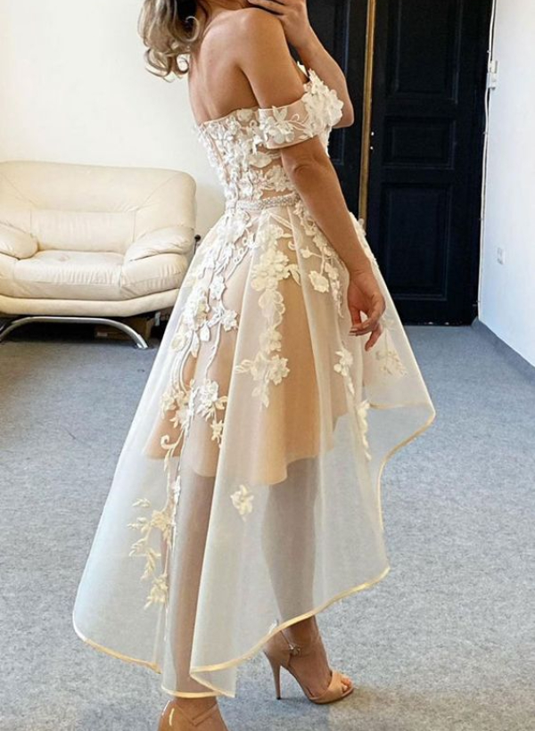 A-Line Off-the-Shoulder Sleeveless Lace Asymmetrical Prom Dress With Beading