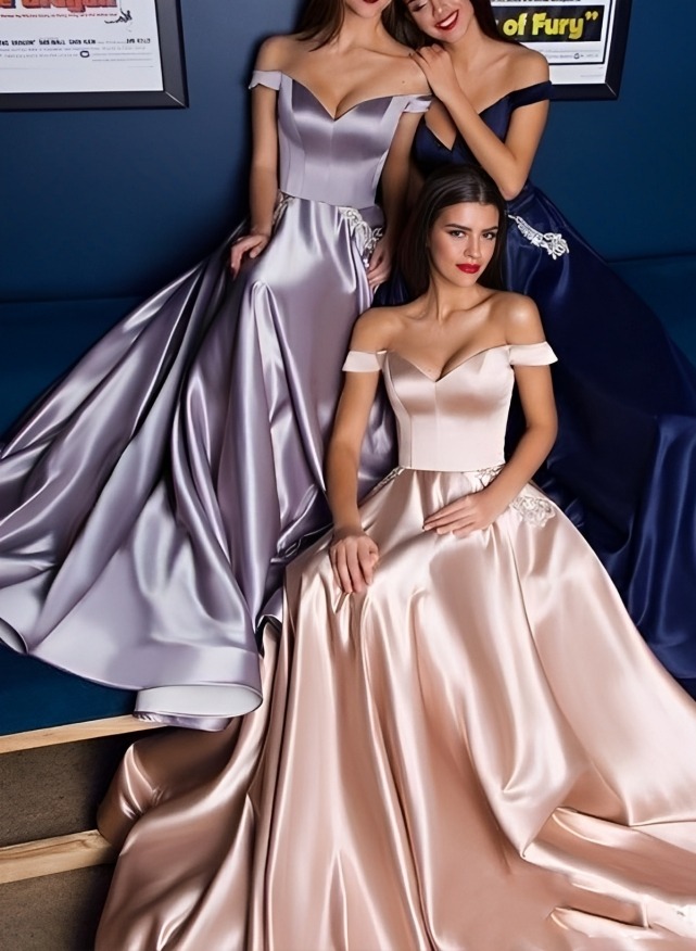 A-Line Off-the-Shoulder Sweep Train Satin Prom Dress