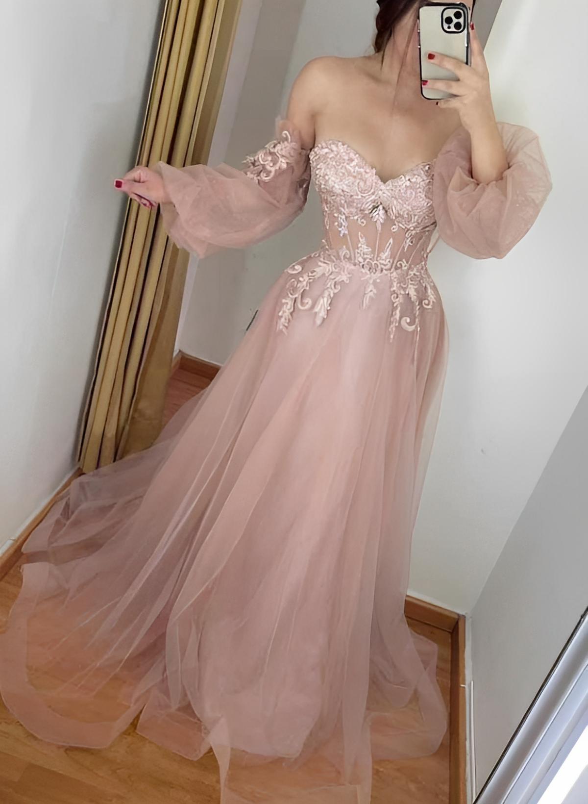 A-Line Off-the-Shoulder 1/2 Sleeves Tulle Sweep Train Prom Dress/Evening Dress With Lace