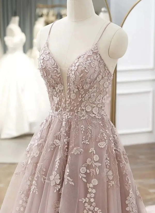 Ball-Gown V-neck Sleeveless Tulle Sweep Train Prom Dress With Lace