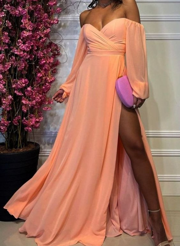 A-Line Off-the-Shoulder Long Sleeves Chiffon Floor-Length Prom Dress/Evening Dress/Bridesmaid Dress