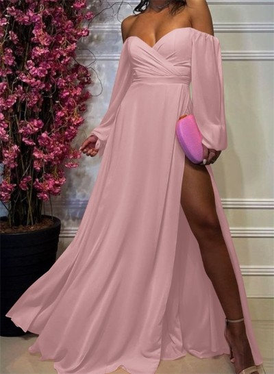 A-Line Off-The-Shoulder Long Sleeves Chiffon Floor-Length Prom Dress
