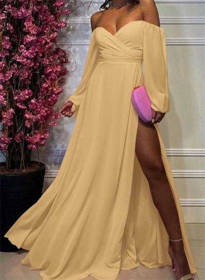 A-Line Off-The-Shoulder Long Sleeves Chiffon Floor-Length Prom Dress