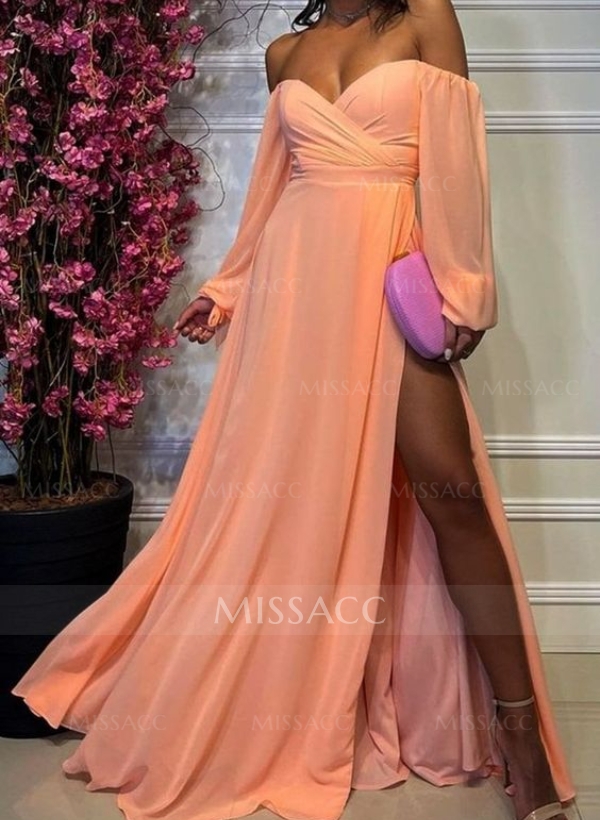 A-Line Off-The-Shoulder Long Sleeves Chiffon Floor-Length Prom Dress