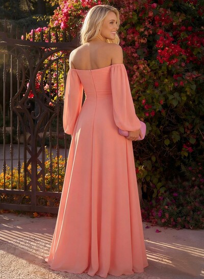 A-Line Off-The-Shoulder Long Sleeves Chiffon Floor-Length Prom Dress