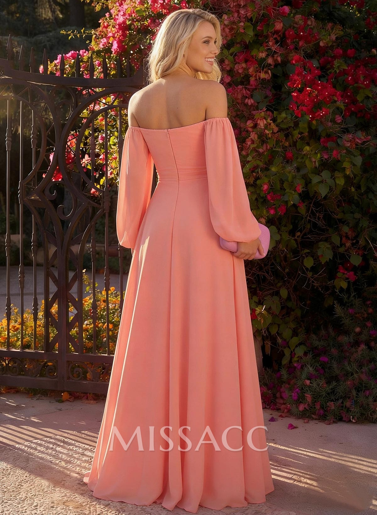 A-Line Off-The-Shoulder Long Sleeves Chiffon Floor-Length Prom Dress A-Line Off-The-Shoulder Long Sleeves Chiffon Floor-Length Prom Dress