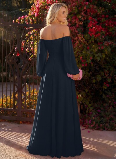 A-Line Off-The-Shoulder Long Sleeves Chiffon Floor-Length Prom Dress