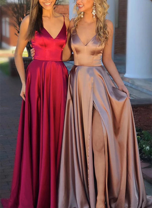 A-Line V-neck Sleeveless Satin Sweep Train Prom Dress