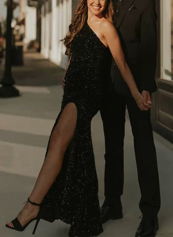 A-Line One-Shoulder Sleeveless Sequined Floor-Length Prom Dress