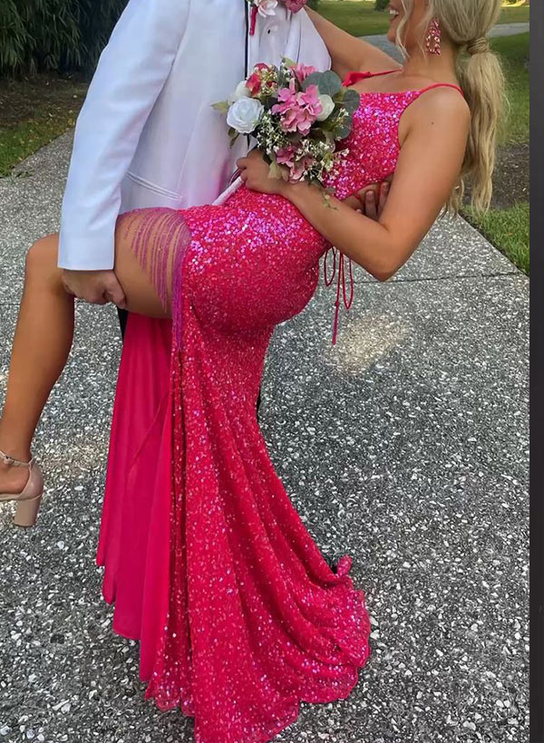 Trumpet/Mermaid V-neck Sleeveless Sequined Floor-Length Prom Dress With Beading