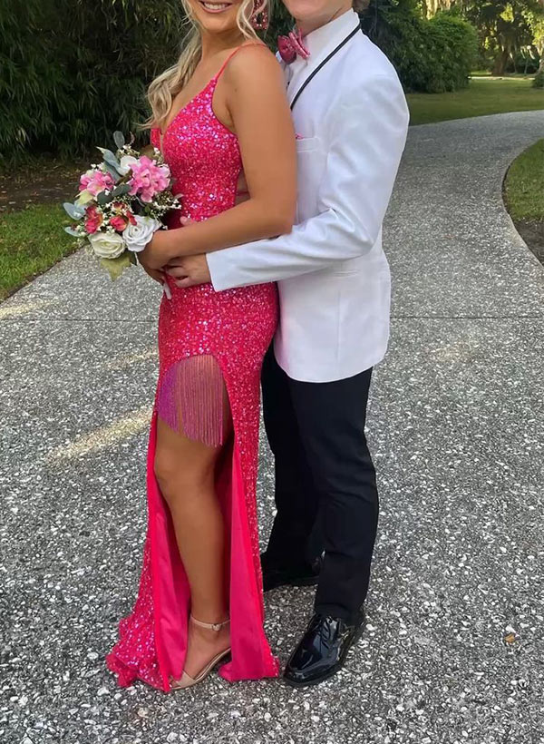 Trumpet/Mermaid V-neck Sleeveless Sequined Floor-Length Prom Dress With Beading