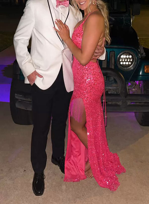 Trumpet/Mermaid V-neck Sleeveless Sequined Floor-Length Prom Dress With Beading