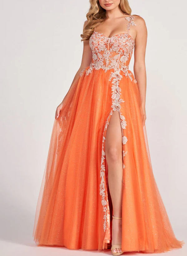 A-Line Sweetheart Sweep Train Lace Prom Dress With Split Front