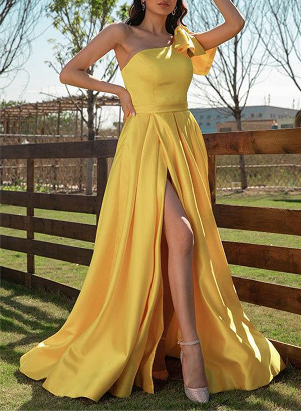 Ball-Gown One-Shoulder Sleeveless Satin Floor-Length Prom Dress With Bow(s)