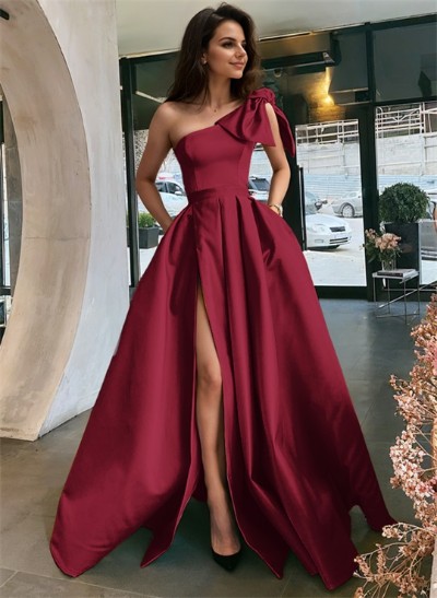 Ball-Gown One-Shoulder Sleeveless Satin Floor-Length Prom Dress With Bow(s)