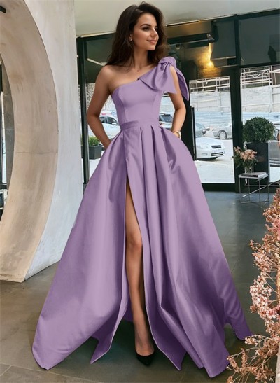 Ball-Gown One-Shoulder Sleeveless Satin Floor-Length Prom Dress With Bow(s)