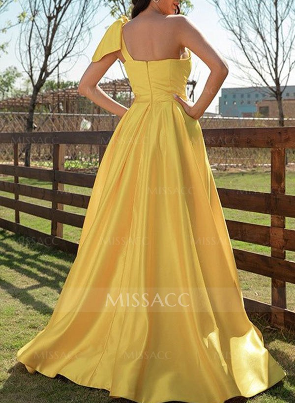 Ball-Gown One-Shoulder Sleeveless Satin Floor-Length Prom Dress With Bow(s)