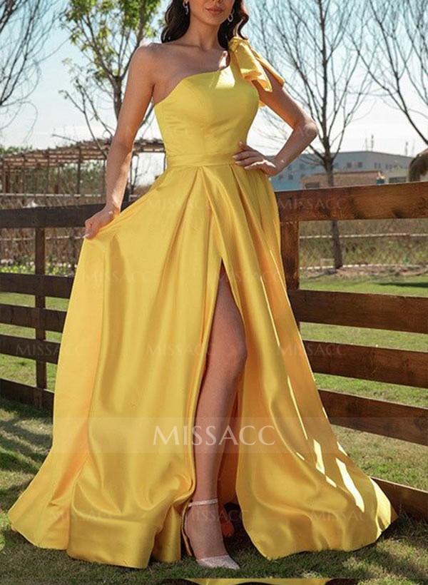 Ball-Gown One-Shoulder Sleeveless Satin Floor-Length Prom Dress With Bow(s)