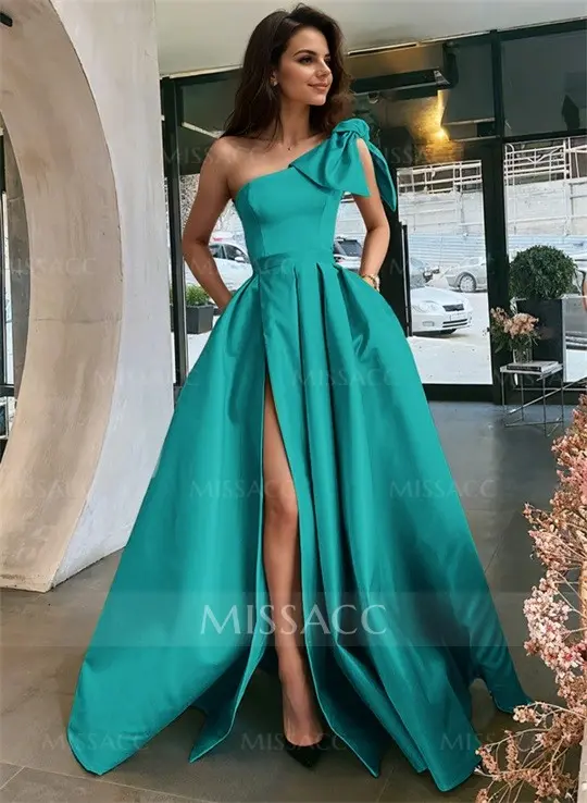 Ball-Gown One-Shoulder Sleeveless Satin Floor-Length Prom Dress With Bow(s) #SPD10665  $120