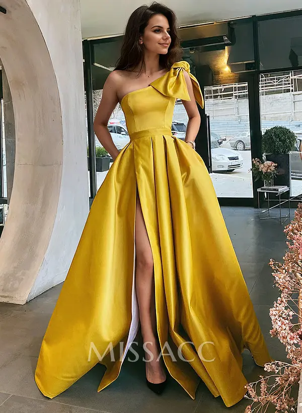 Missacc Gold Prom Dresses Ball-Gown One-Shoulder Sleeveless Satin Floor-Length Prom Dress With Bow(s)