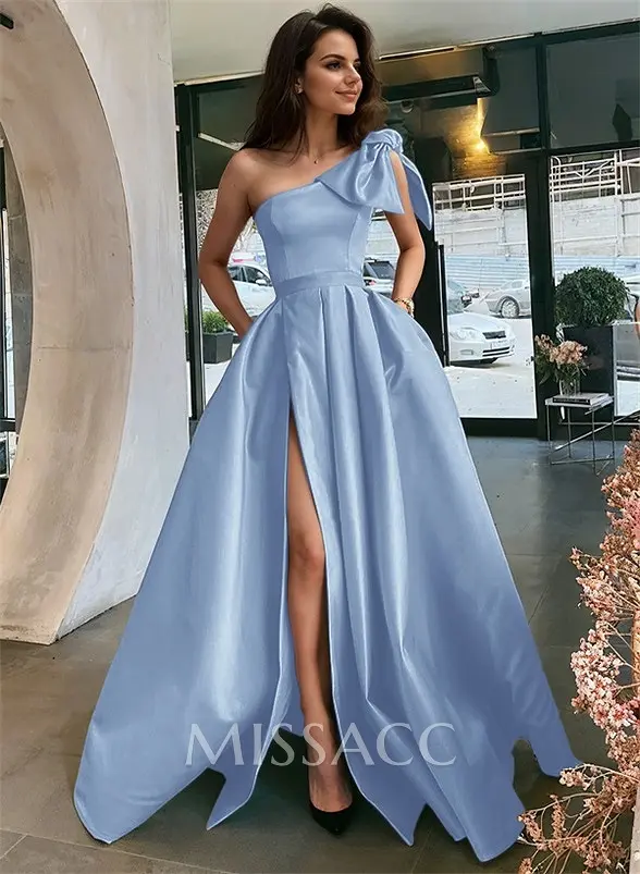 Ball-Gown One-Shoulder Sleeveless Satin Floor-Length Prom Dress