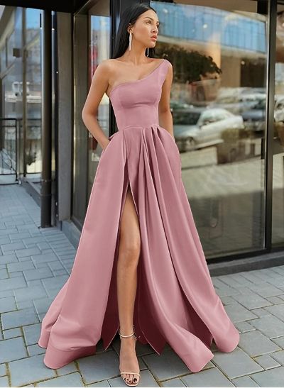 A-Line One-Shoulder Sleeveless Satin Floor-Length Prom Dress