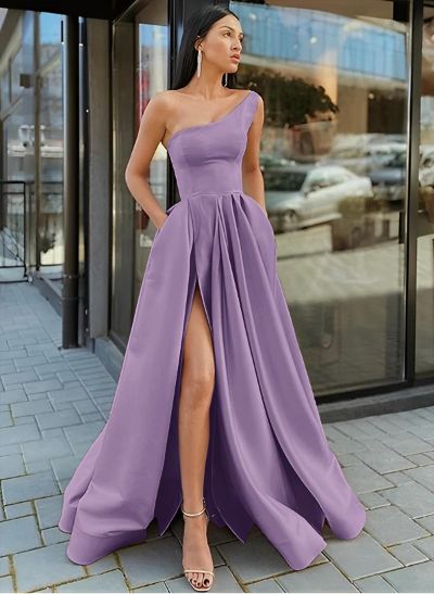 A-Line One-Shoulder Sleeveless Satin Floor-Length Prom Dress